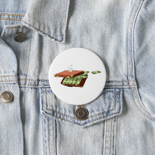 お金の束でいっぱいの漫画のスーツケース 缶バッジ