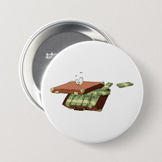 お金の束でいっぱいの漫画のスーツケース 缶バッジ (正面&裏面)