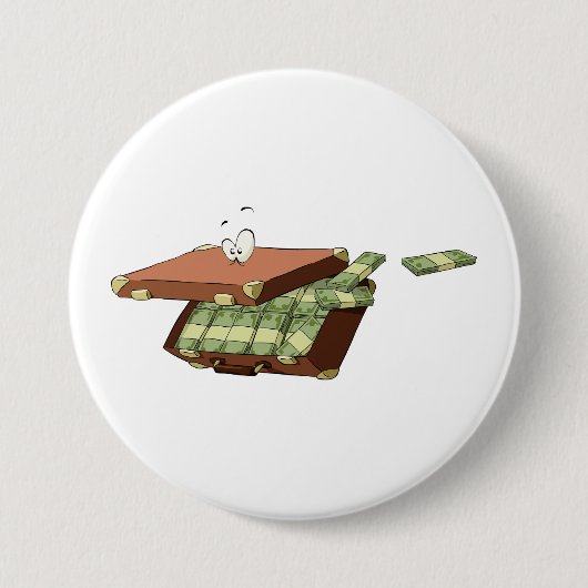 お金の束でいっぱいの漫画のスーツケース 缶バッジ (正面)