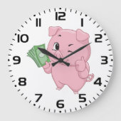 お金の豚 キャッシュを持って親指を立てる ラージ壁時計 (正面)