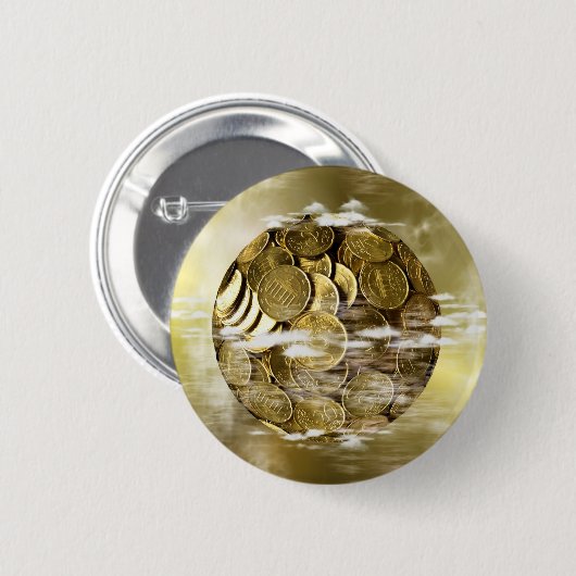 お金は世界を動かすのまわりに、お金の世界の金ゴールド 缶バッジ (正面&裏面)