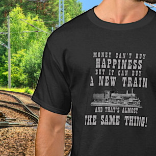 お金は幸せ買に新しい列車の蒸気エンジン Tシャツ