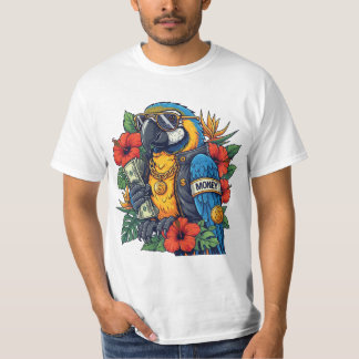 お金を持つクールなオウム – トロピカルな豊かなビブスのTシャツ Tシャツ