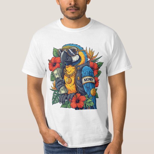 お金を持つクールなオウム – トロピカルな豊かなビブスのTシャツ Tシャツ (正面)