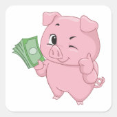 お金持ちのピンクの豚が現金を持って親指を立てている スクエアシール (正面)