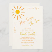 お陽気な少年の誕生を祝うベビーシャワー「ヒアカムズザサン ワンピースの少年」 招待状 (正面/裏面)