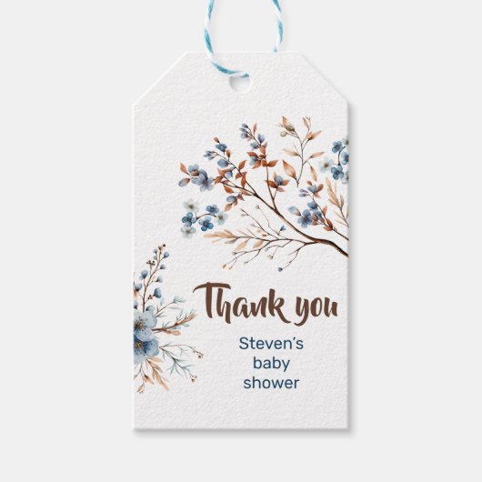 お願いギフトラベルブルーと茶色の花の赤ちゃんシャワー ギフトタグ (正面)