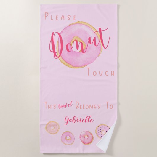 お願いドーナツTouch – あなたの名前 – おもしろいピンクのドーナツ ビーチタオル (正面)
