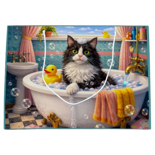 お風呂タイム , 猫  ラージペーパーバッグ (正面)
