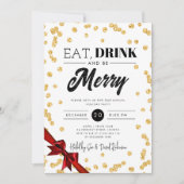 お食べ、お飲み、そして楽しくクリスマス ゴールドグリッター リボン 招待状 (正面)