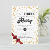 お食べ、お飲み、そして楽しくクリスマス ゴールドグリッター リボン 招待状 (スタンド正面)