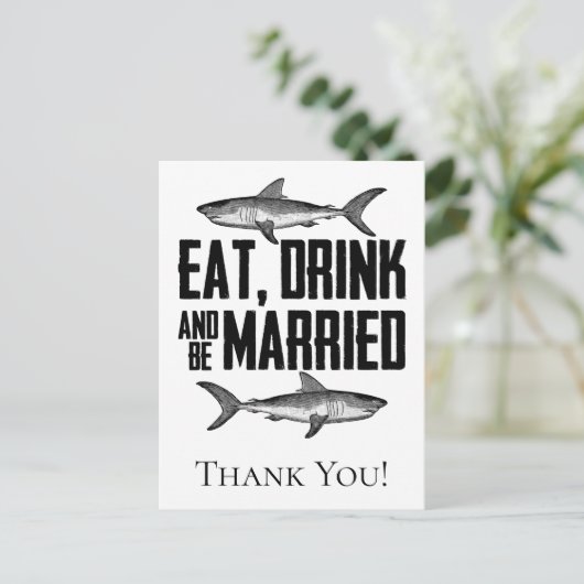 お食事をし、お飲みをし、そして結婚しよう マリネードシャークの結婚式 御礼 ポストカード (スタンド正面)