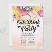 お飲み物とパーティーのモダンな水彩花の結婚式 招待状 (正面)