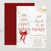お飲み物と共に楽しいクリスマス 赤いリボン 招待状 (正面/裏面)