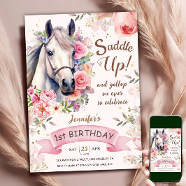 お馬さん 初めての誕生日 お嬢様 お花 サドルアップ! 招待状