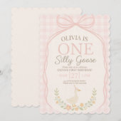 お馬鹿なガチョウのピンクのリボン 花の1歳の誕生日 招待状 (正面/裏面)