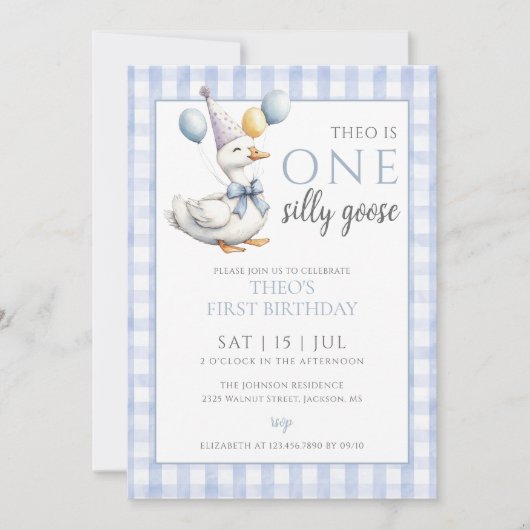 お馬鹿なガチョウの写真 ブルーボーイ 1歳の誕生日パーティー 招待状 (正面)