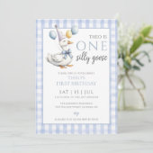 お馬鹿なガチョウの写真 ブルーボーイ 1歳の誕生日パーティー 招待状 (スタンド正面)