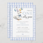 お馬鹿なガチョウの写真 ブルーボーイ 1歳の誕生日パーティー 招待状 (正面/裏面)