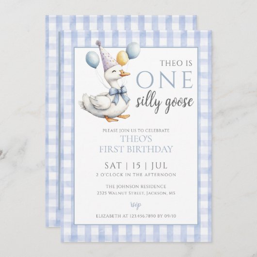お馬鹿なガチョウの写真 ブルーボーイ 1歳の誕生日パーティー 招待状 (正面/裏面)