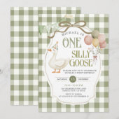 お馬鹿なガチョウの誕生日 セージグリーン ギンガム 招待状 (正面/裏面)