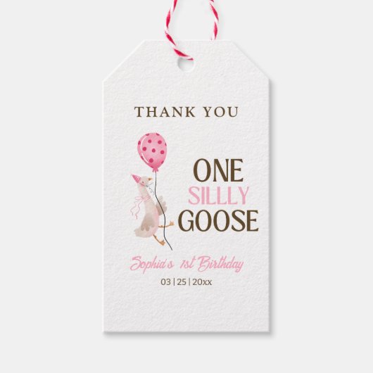 お馬鹿なガチョウの誕生日、女の子1歳の誕生日 ピンク ギフトタグ (正面)