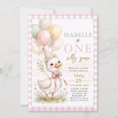 お馬鹿なガチョウ ピンクのギンガム 女の子の1歳の誕生日 招待状 (正面)