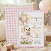 お馬鹿なガチョウ ピンクのギンガム 女の子の1歳の誕生日 招待状