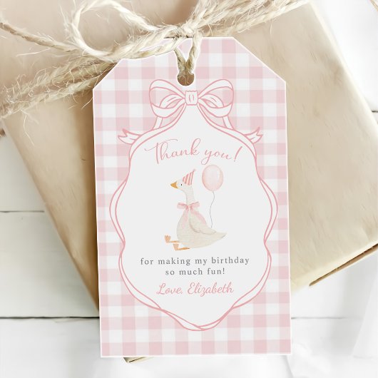 お馬鹿なガチョウ ピンクのリボン ファーストバースデー ギフトタグ