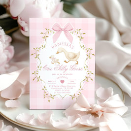 お馬鹿なガチョウ ピンクのリボン 女の子 1歳の誕生日 招待状