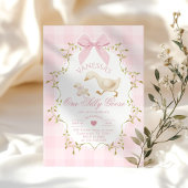 お馬鹿なガチョウ ピンクのリボン 女の子 1歳の誕生日 招待状