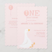 お馬鹿なガチョウ ピンクの女の子 1歳の誕生日 招待状 (正面/裏面)