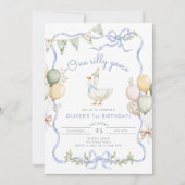 お馬鹿なガチョウ 青い少年 1歳の誕生日 招待状 (正面)