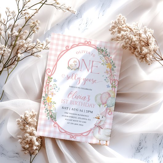 お馬鹿なガールズ 1歳の誕生日 ピンクのギンガム 招待状