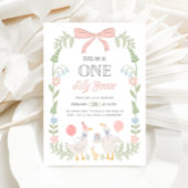お馬鹿なグースのピンクの花柄 1歳の誕生日 招待状