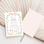 お馬鹿なグースのピンクの花柄 1歳の誕生日 招待状