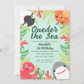 お魚さんたちの海の可愛い動物たち 子供の1歳誕生日 招待状 (正面)
