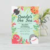 お魚さんたちの海の可愛い動物たち 子供の1歳誕生日 招待状 (スタンド正面)