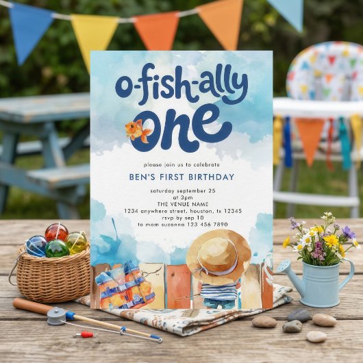 お魚さんと一緒にお祝い フィッシャーマンボーイ1歳の誕生日 招待状
