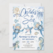 お魚の海ツイン ボーイ 1歳の誕生日 かわいいオーシャン 招待状 (正面)