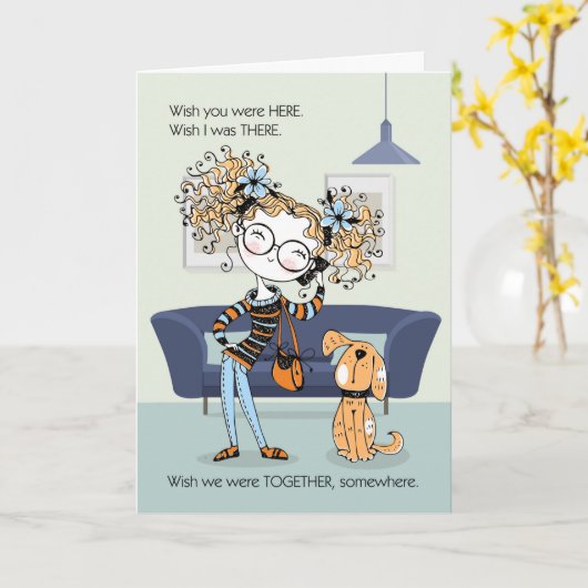 お10代の前の恋しく思可愛い娘と犬のトゥイーン カード (黄色い花)