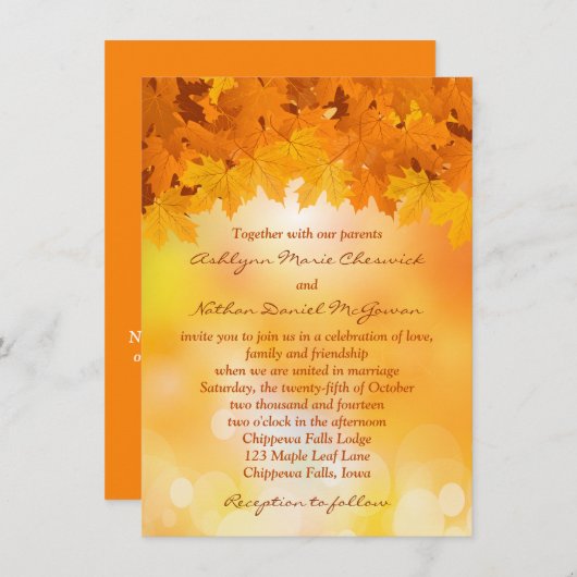 かえでは秋の素晴らしさの結婚式招待状を去ります 招待状 (正面/裏面)