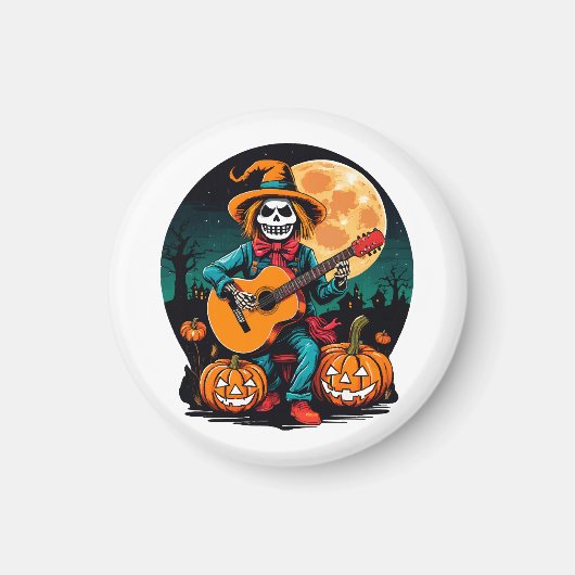 かかしがギターを演奏してハロウィンを祝う マグネット (正面)