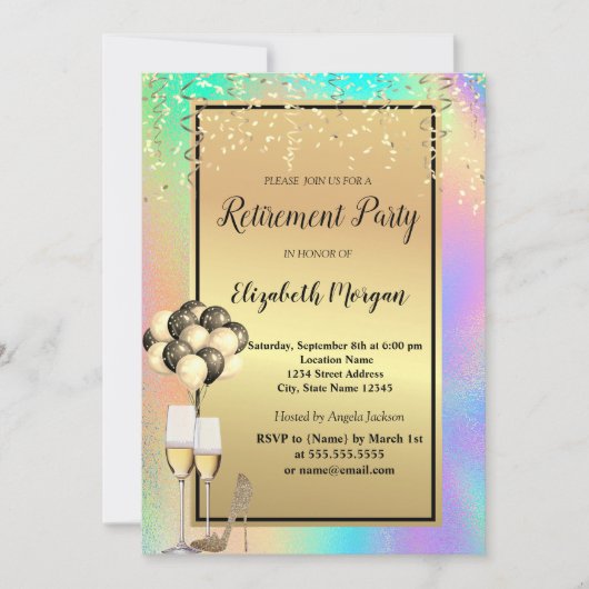 かかと、ガラス、バルーン、ホログラフィックなリタイア 招待状 (正面)