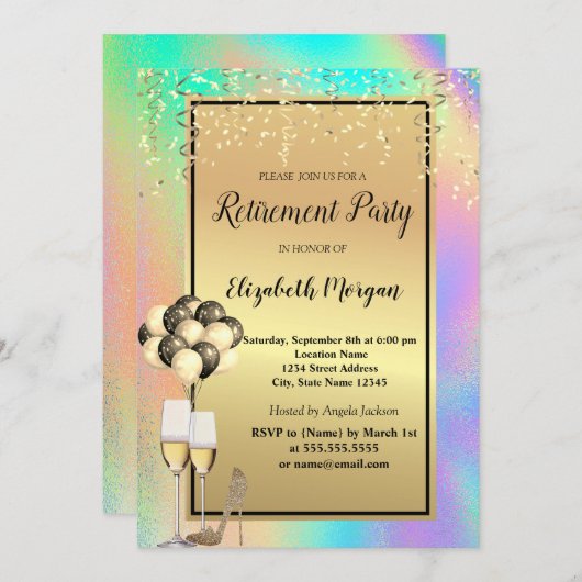 かかと、ガラス、バルーン、ホログラフィックなリタイア 招待状 (正面/裏面)