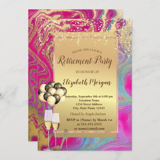 かかと、バルーン、カラフル大理石退職パーティー 招待状 (正面/裏面)