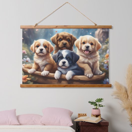 かごの中の可愛い子犬 吊り下げ型タペストリー (寝室)