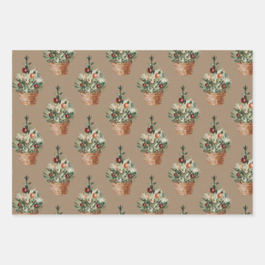 かごの素朴中にクリスマスススススプルースの木をクラフト ラッピングペーパーシート (正面)