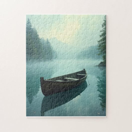 かすんだ湖に小さな列のボート ジグソーパズル (縦)