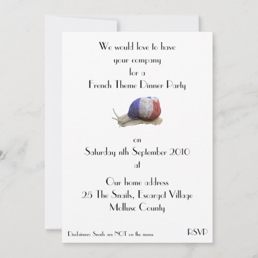 かたつむりが付いているフランスのなテーマのディナー・パーティ 招待状 (裏面)